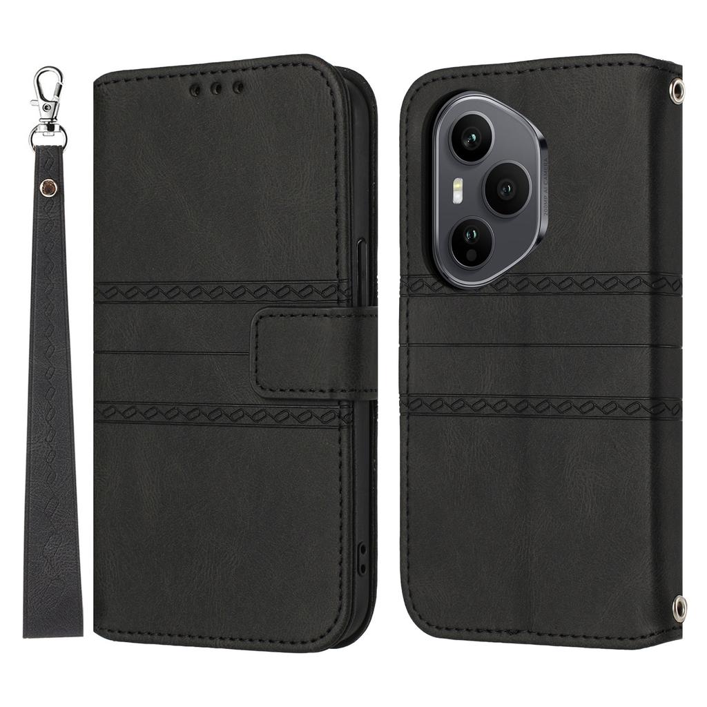 For Honor 400 Pro 5G (Global) Case Wallet Skin-Touch Leather Imprinted Phone Cover with Wrist Strap
