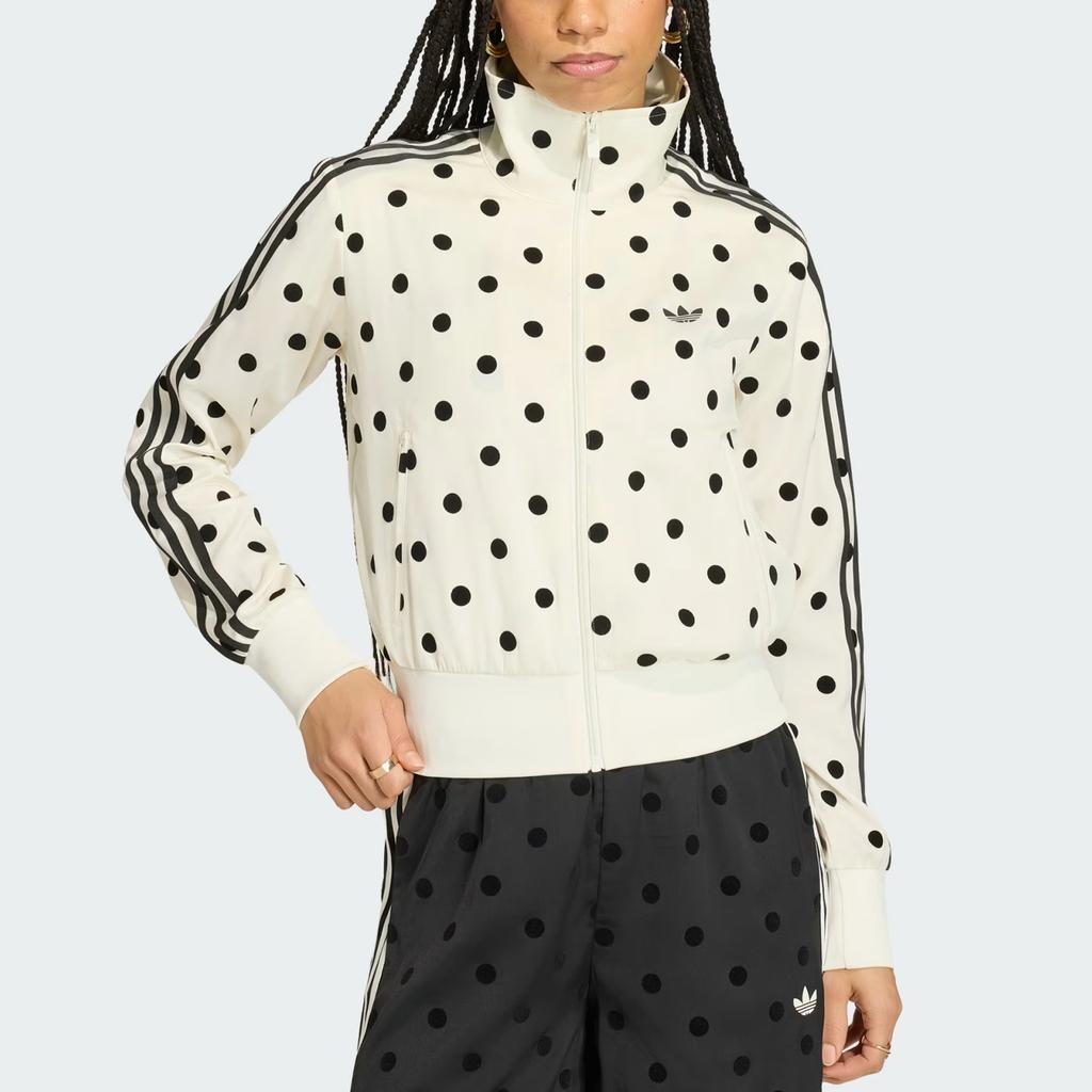 adidas Originální saténová potištěná puntíkovaná sportovní bunda s stojáčkem a pruhovaným dlouhým rukávem Dámské bundy KV1165