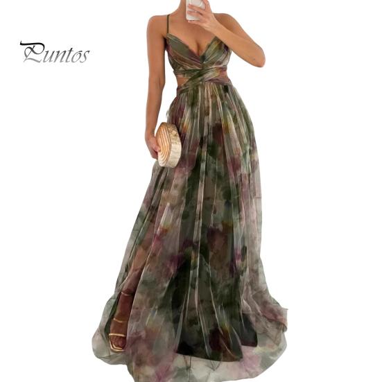 

Женское платье макси на тонких бретельках с цветочным принтом в стиле бохо, глубоким V-образным вырезом, сетчатым плиссированным платьем, летнее пляжное вечернее длинное платье-свитер S армия зеленый