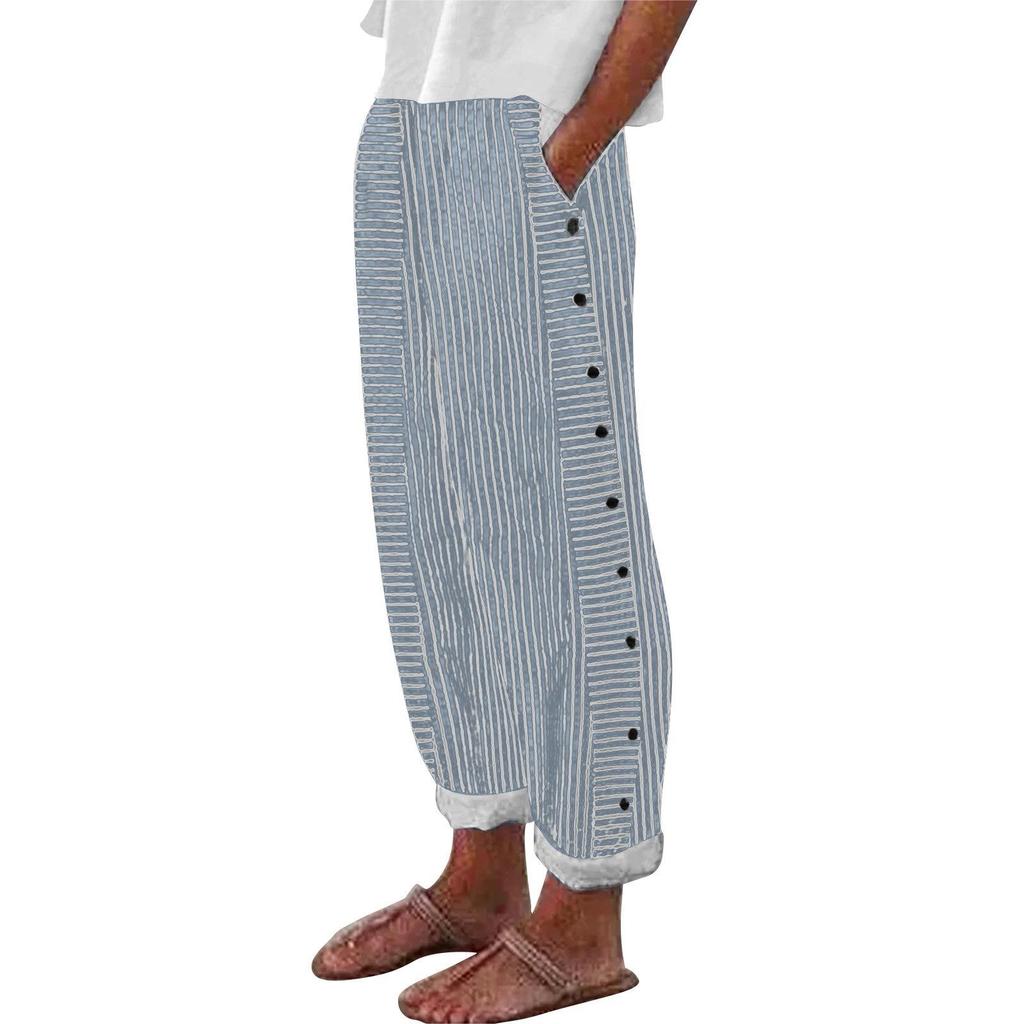 Women Summer Long Pants Striped Print Button Casual Versatile Loose High Waist  Pants
