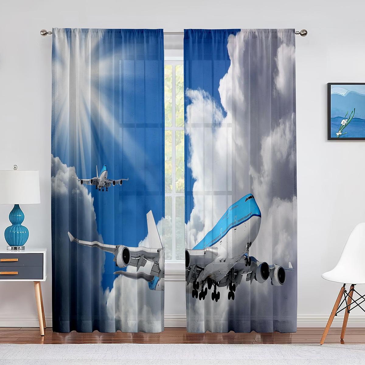 

Airplane Aviation Runway Blue Sky Clouds Thin Curtains for Living Room Bedroom Decoration Window Curtain 2panels Treatments (W50cmxH50cm)x2&Rod Pocket