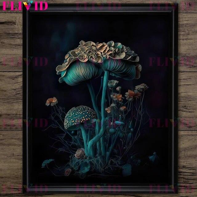 Dark Forest Mushroom And Vintage Pink Roses Vintage Wall Art Print Dark Botanical Witchcraft Gothic Art Poster Print Decoration No Frame