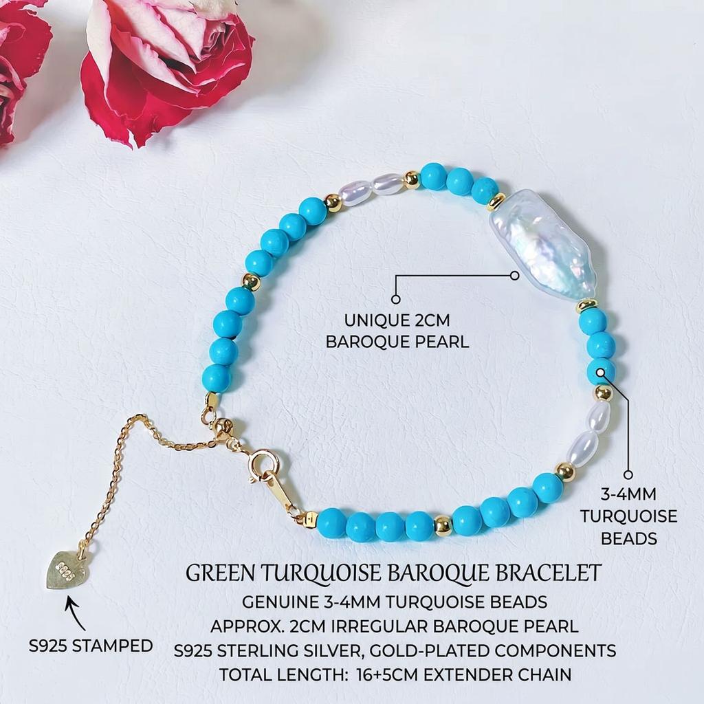 Natural Turquoise & Baroque Pearl Bracelet for Women, 18K Gold Plated, Boho Chic Bead Jewelry, Traveler's Amulet, Summer Vacation Gift