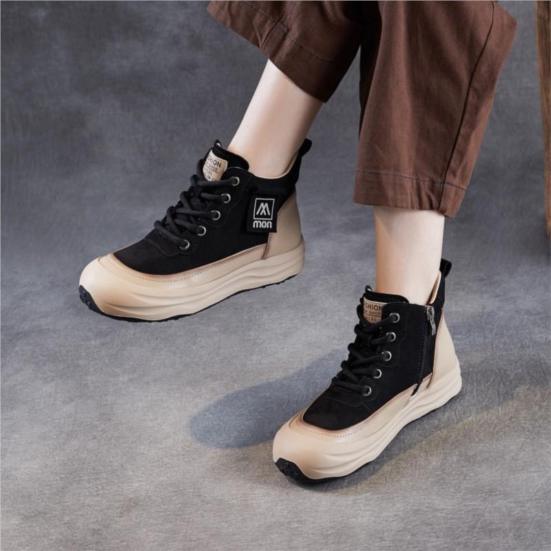 Johnature Echtes Leder Dicksohlige Retro Stiefeletten mit seitlichem Reißverschluss Lässige Schnürschuhe Damen Flache Plateau Schuhe