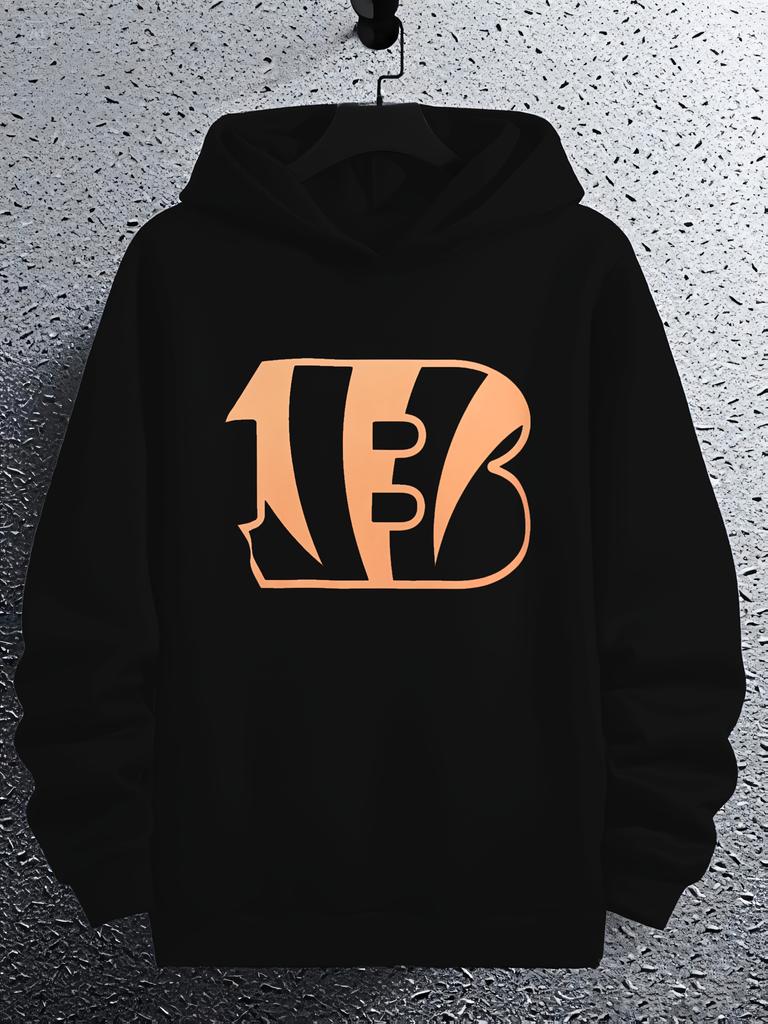 Stylish Black Hoodie with Bold Orange "BB" Graphic - 100% Polyester Knit