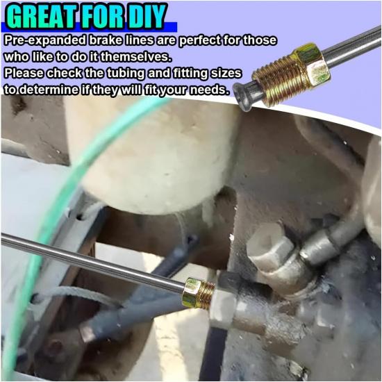 3PCS 3/16" Brake Line Kit With Fittings, Flexible 16" Long Stainless Steel Brake Lines Tubing With Inverted Double Flares & Standard Tube Nut,