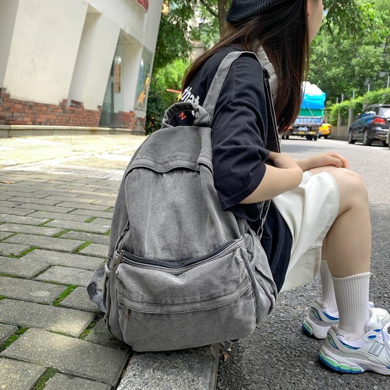 Zaino in Denim Giapponese, Stile Pigro da Donna, Colore Unico e Senso di Peso. Zaino da studente di grande capacità, Borsa in tela Harajuku