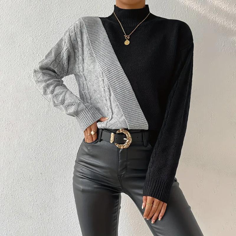 Women's Color Block Half-High Collar Cable Knit Sweater - Autumn/Winter European & American Loose Casual Style