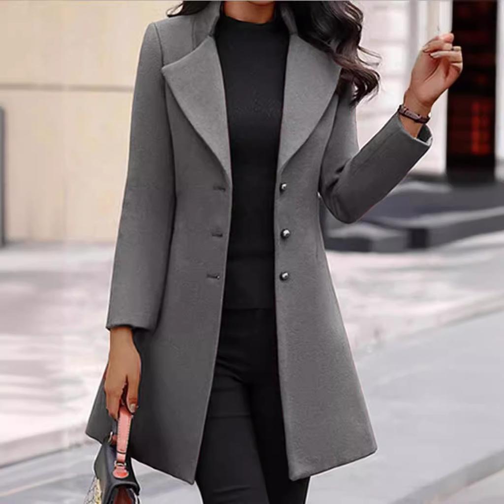 Women’s Mid-Length Coat, Single-Breasted Notched Lapel, Casual Outerwear, Available In Grey, Mustard Yellow, and Black