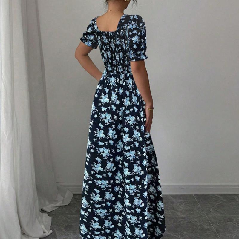 Ruffle Edge Dress Women Puff Sleeves Printed Slim Fit Spring Summer Size S-XXL