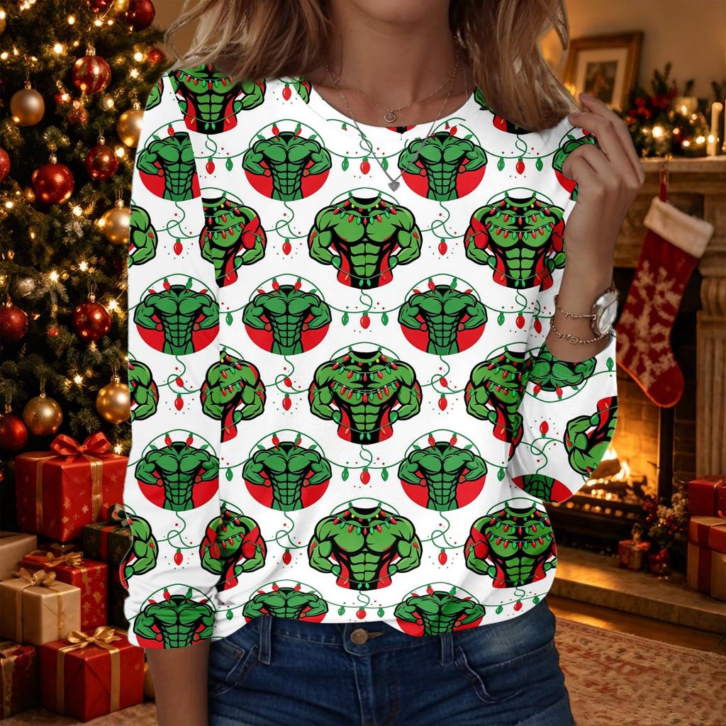 Women's Christmas Print Crewneck Long Sleeve Pullover Top for Holiday Party and Casual Wear