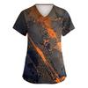 Women's Print V-Neck Short Sleeve Scrub Top with Double Pockets and Side Slits - Comfortable Caregiver Uniform for Daily Work