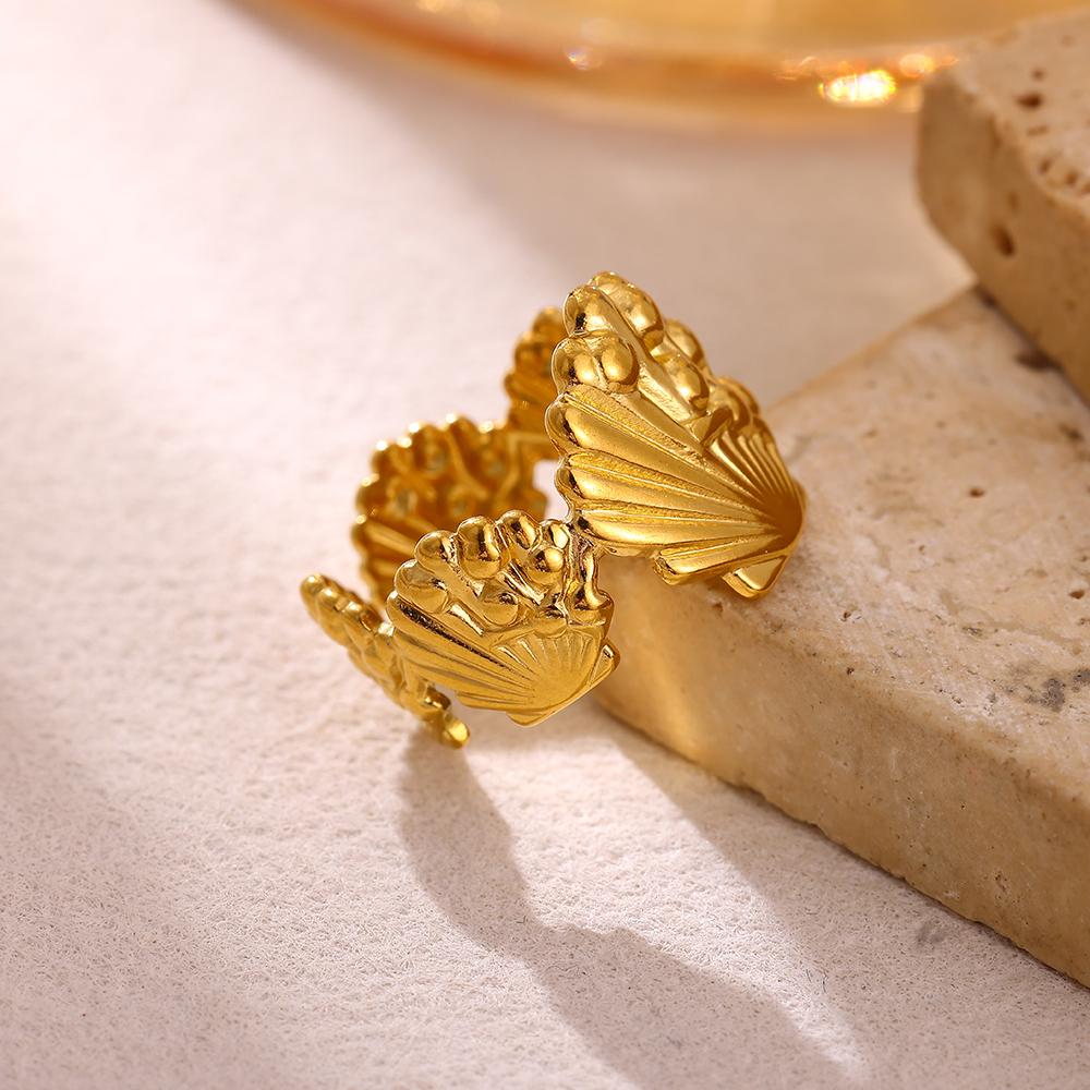 Summer Beach Style Gold Color Open Rings Stainless Steel Starfish Seashell Palm Tree Anillos Waterproof Ring Jewelry For Women