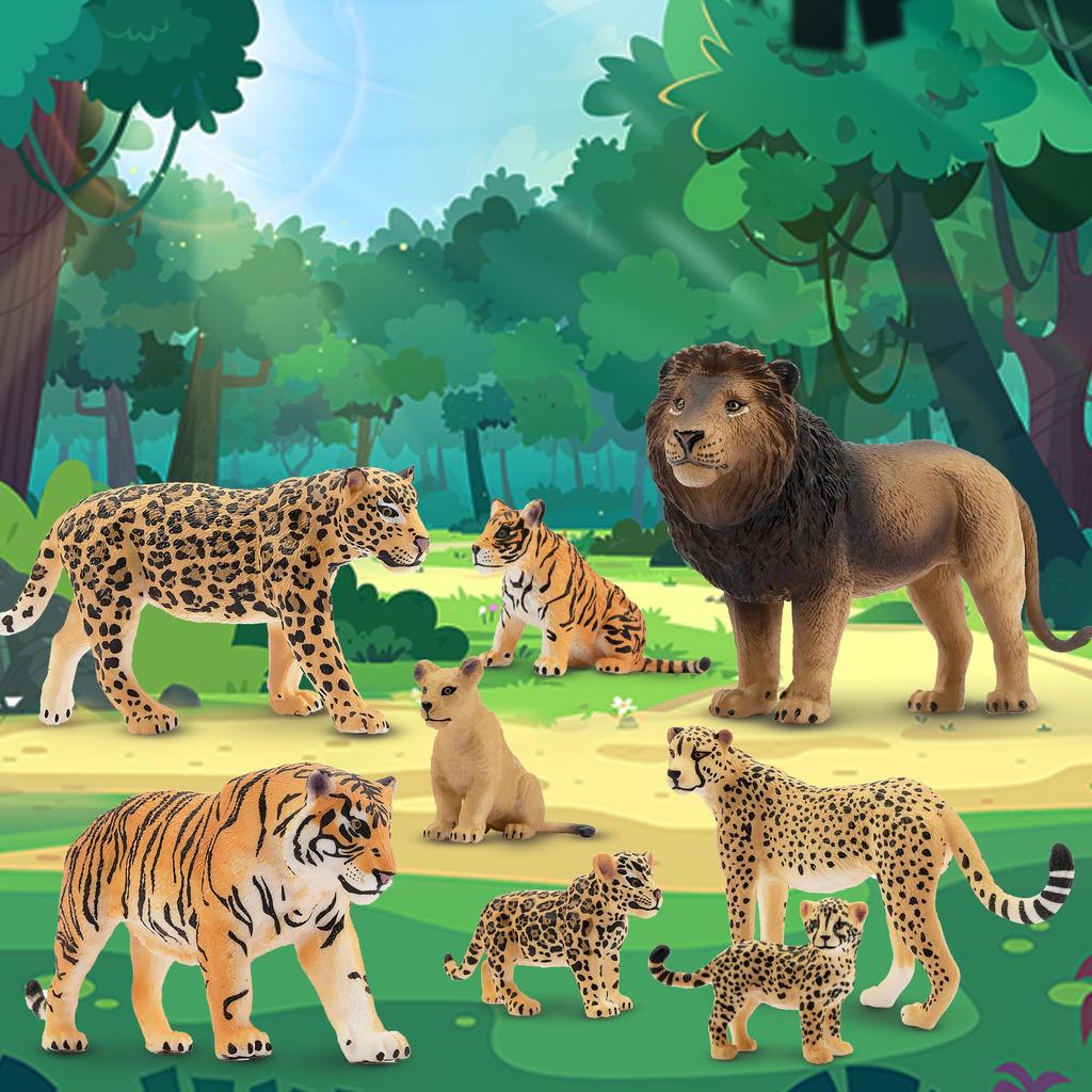 TOYMANY 8-Piece Wild Animal Figure Set, Wild Animal Family with Lion, Tiger, Jaguar, and Cheetah Baby, Realistic Animal Models, Popular Animal Toys,