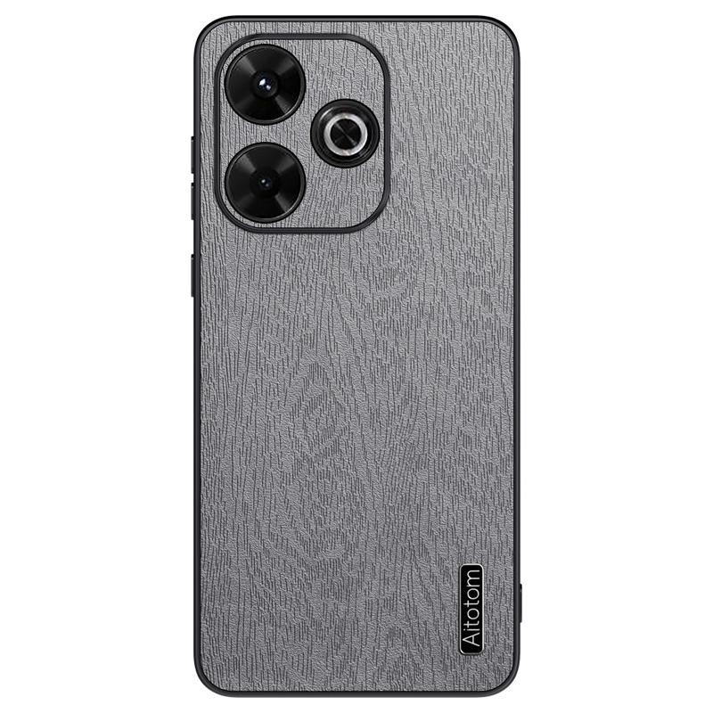 

For Xiaomi Redmi 13 5G/13 4G Case Wood Texture Leather+PC+TPU Hybrid Phone Cover Grey