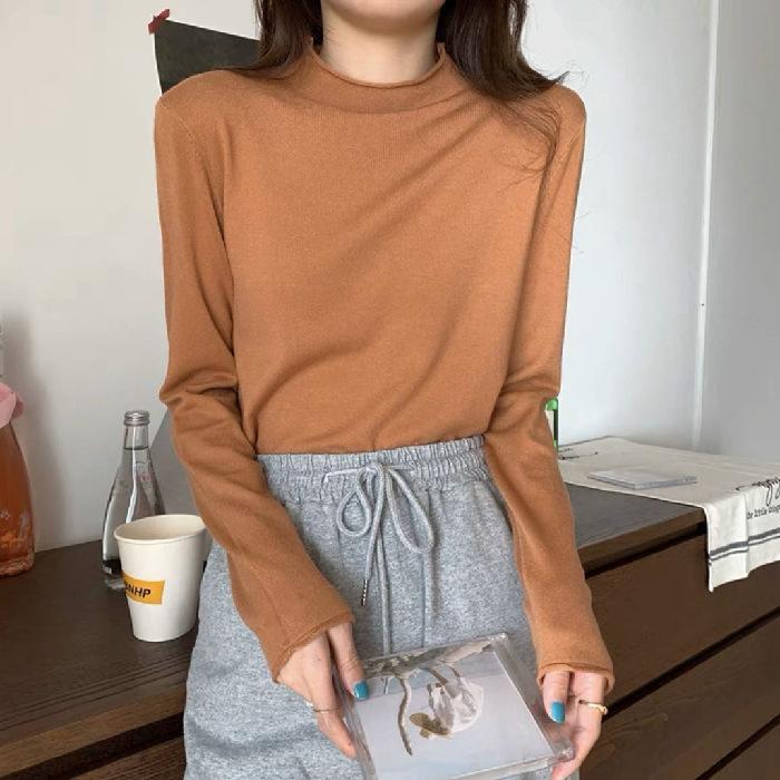 Autumn and Winter Latest Korean Version of Half High Neck Solid Color Base Shirt Fashion Ins Slim-fit All Knitted Top Female Tide