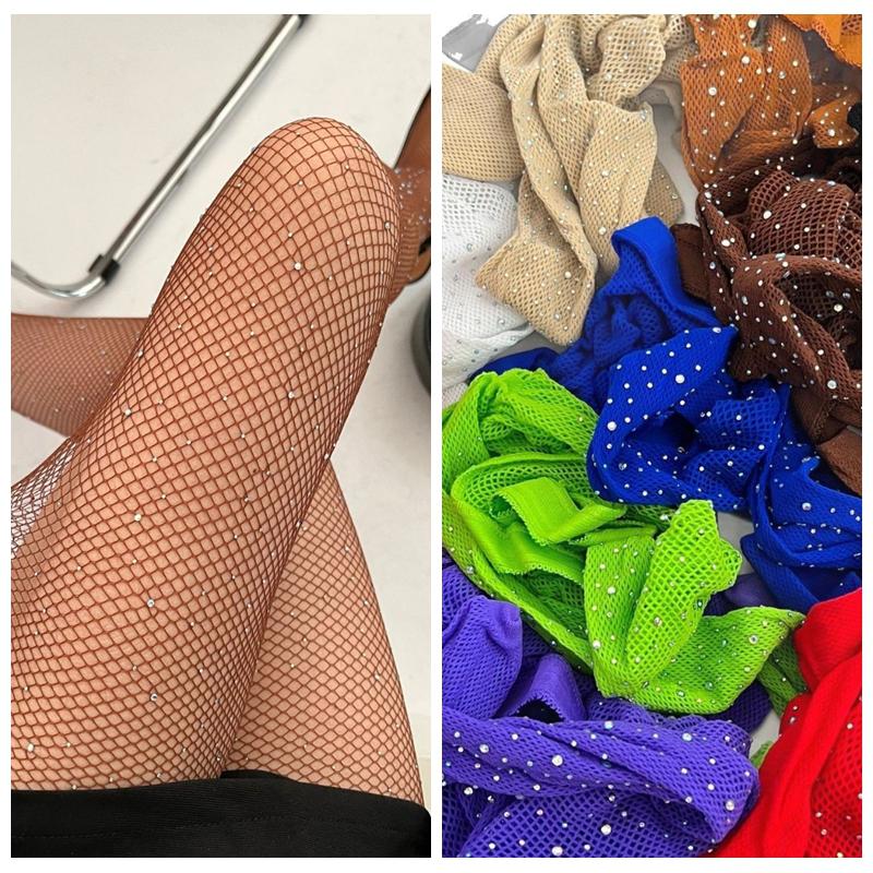 Collant Multicolore Donna Moda Estiva Sexy Rete da Pesca Collant Brillanti Rete di Cristallo Calze in Nylon Traforate Traspiranti Collant da Donna