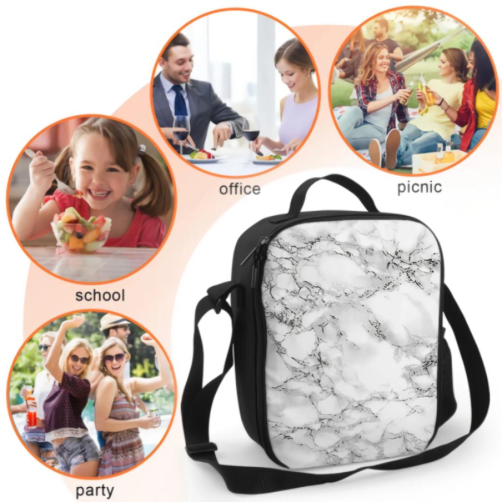 White Marble Print With Black Texture Thermal Lunch Bag for Kids Boys Girls Washable Tote Lunch Container for Work School Travel