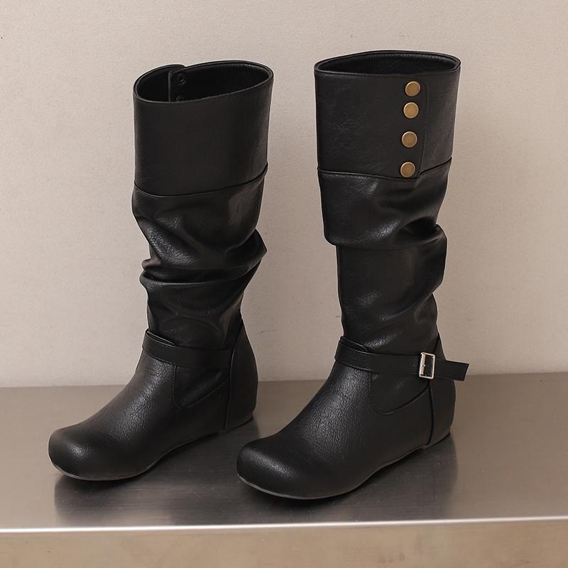Women's flat-bottomed casual boots autumn and winter new inner height increase solid color large size medium boots