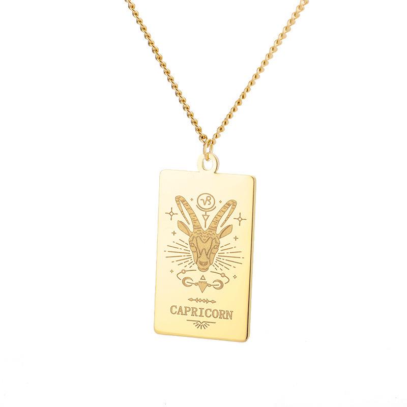 European 12 Constellations Stainless Steel Square Pendant Necklace for Men & Women - Retro Hip Hop Style Titanium Steel Jewelry