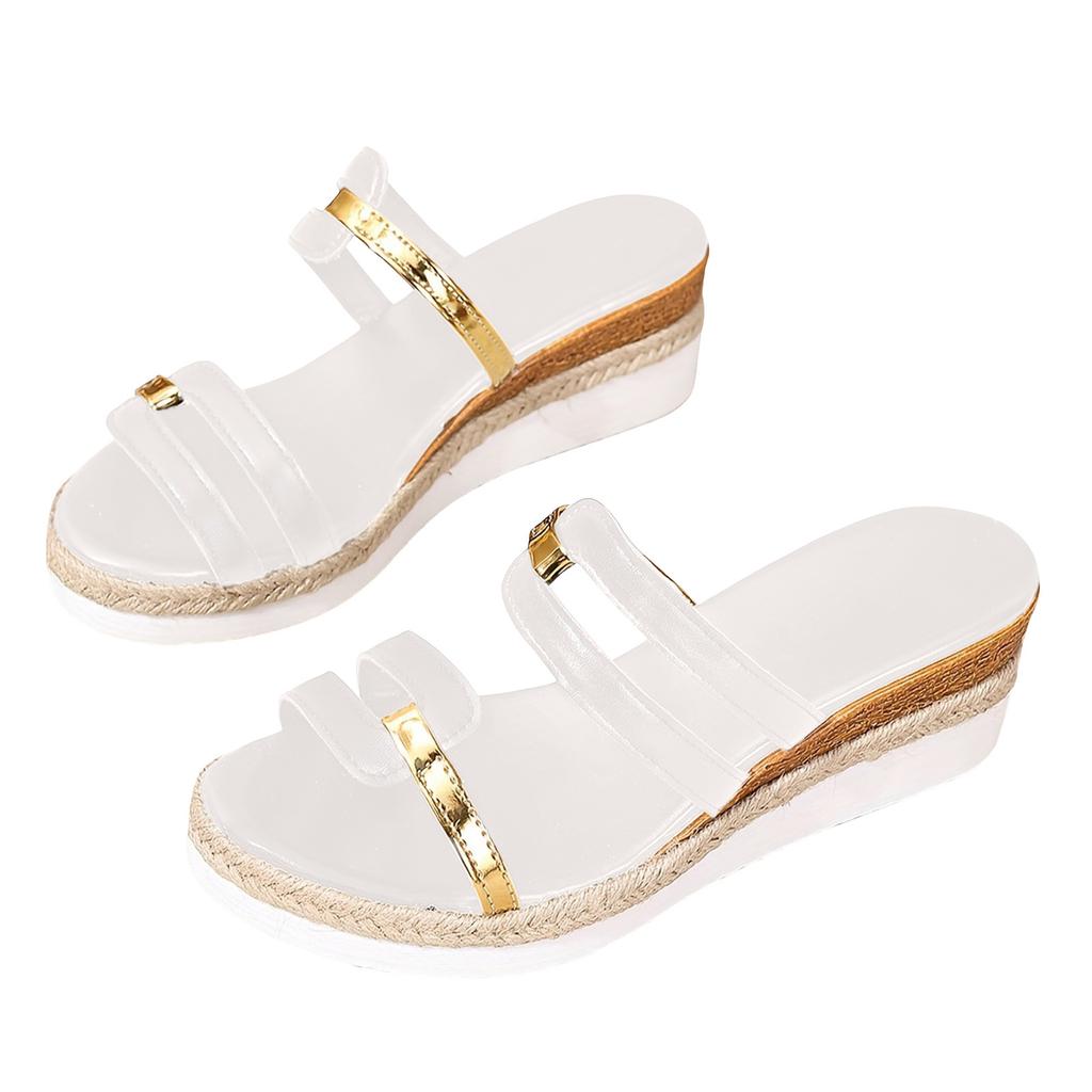 Womens Sandals Wide Ladies Summer Casual Colour Blocking Soft Leather Woven Straw Bottom Thick Bottom Slope Heel Sandalias Mujer