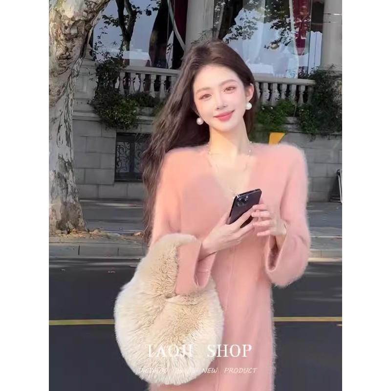 Soft Pink V-Neck Long Sleeve Knit Dress A-Line Loose Waist Womens Elegant Outfit