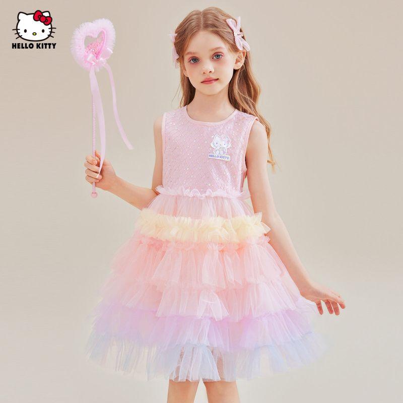Hellokitty Girls' Summer Dress 2025 New Mesh Cake Dress Gradient Color Tutu Skirt Princess Dress
