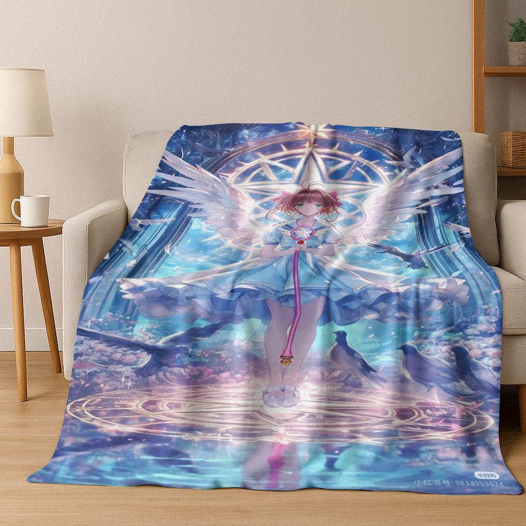 Cute Cartoon Card Captor Sakura Magic Girl Anime Art Flannel Blanket,Cozy Soft Throw Blanket for Home Bedroom Bed Sofa Cover Kid
