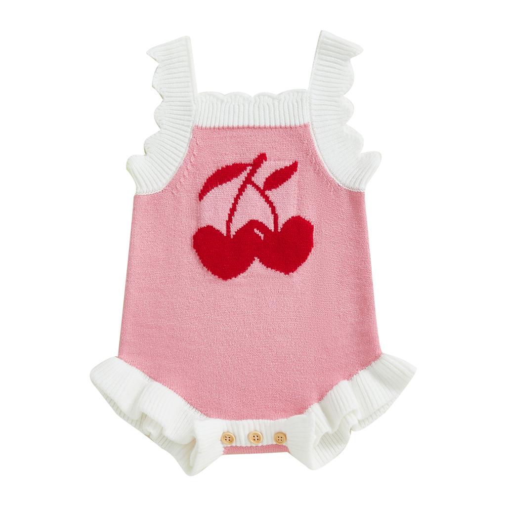 Dívčí jarní/letní pletený overal bez rukávů s volánky a třešňovým potiskem