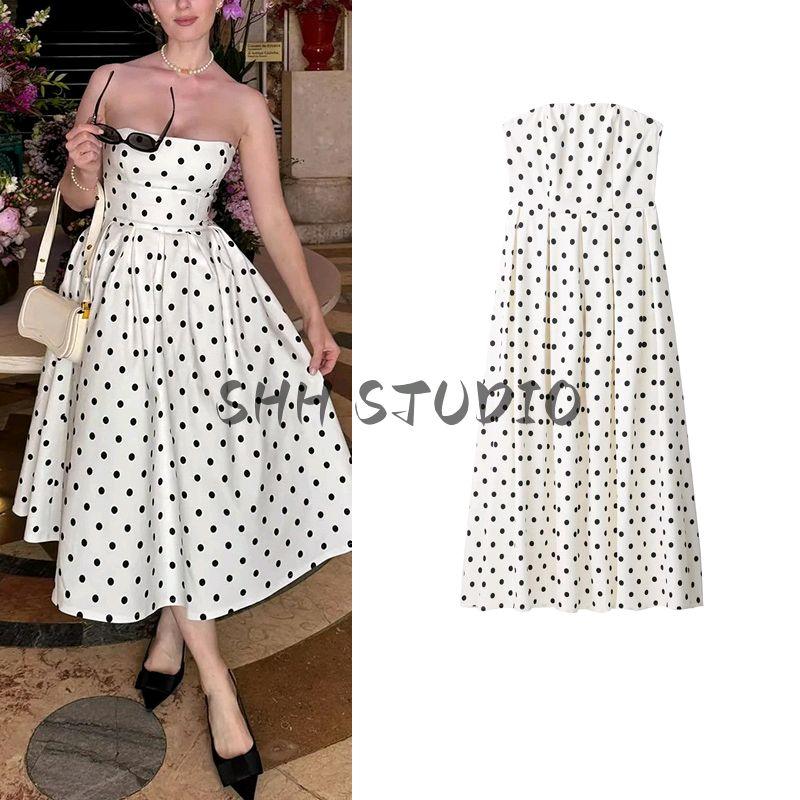 New Product Women's Clothes French Style Sweet and Spicy Style Tight Waist Slim Looking Polka Dot Print Mid Length Long Length A- Line Tube Top Dress