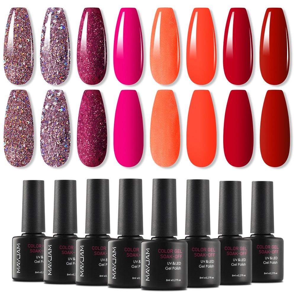 MAYJAM 8Pcs Colorful Nail Gel Polish Set Glitters Holographics Nail UV Gel Soak Off UV Nail Art Gel Fingernail Women Fashion Nail Care