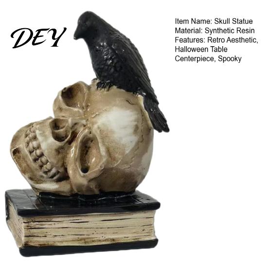 Halloween Party Atmosphere Props Skull Head Statue, Gothic Crow And Book Sculpture, Decorative Figurine Spooky Resin Statue for Home Table Centerpiece