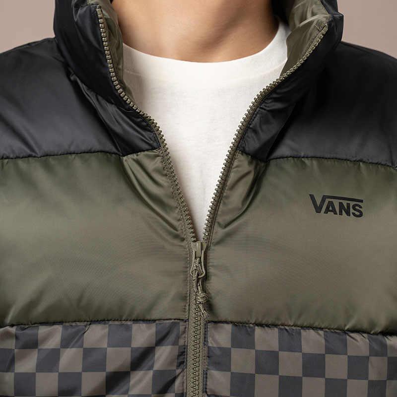Vans FW22 Logo Print Grid Oversized Pocket Zipper Down Jacket Unisex Outerwear Green Checkered VN00090SBSZ