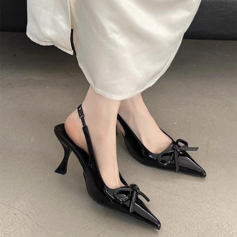 Fashion Sweet High Heels Spring Summer New Fashion Baotou Back Empty Bow Single Shoes Pointed Toe Stiletto Sandals Women
