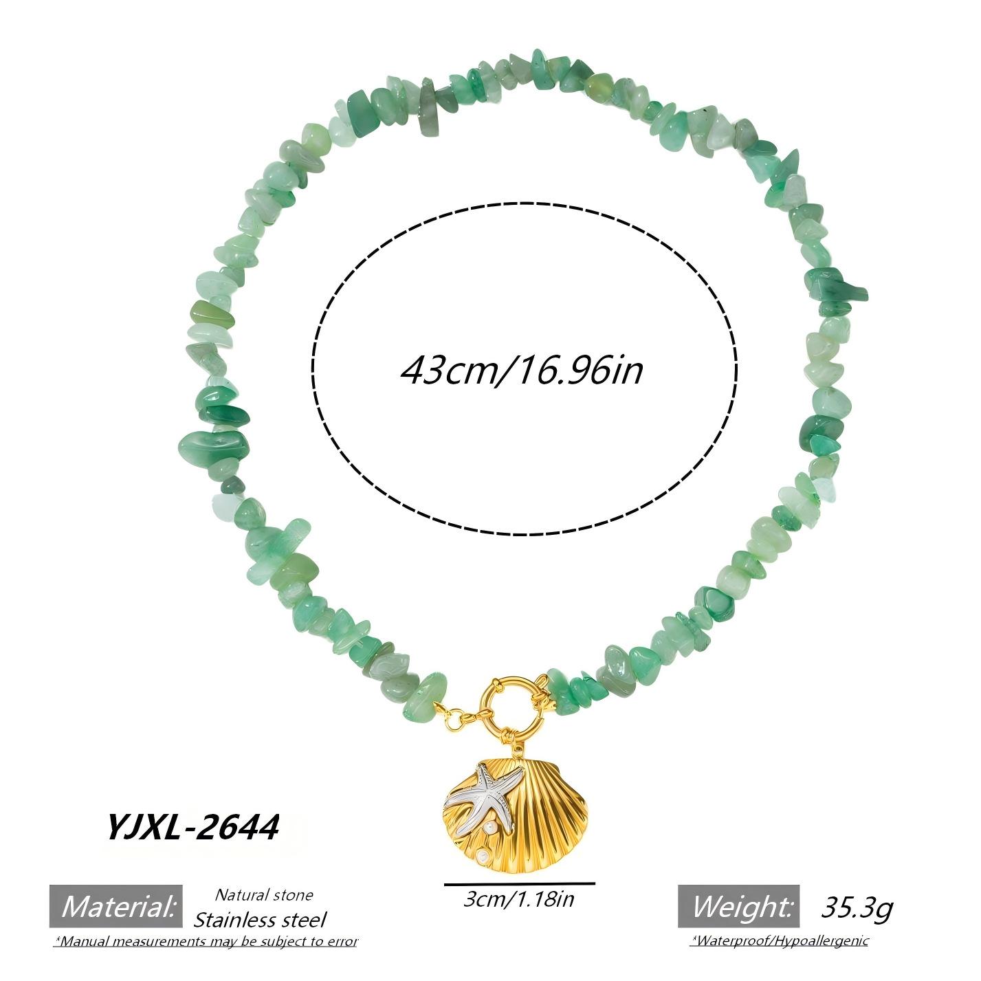 Stainless Steel Necklace with Personalized Shell, Starfish, and Natural Stone Beads, 18K Gold Plated. 18K