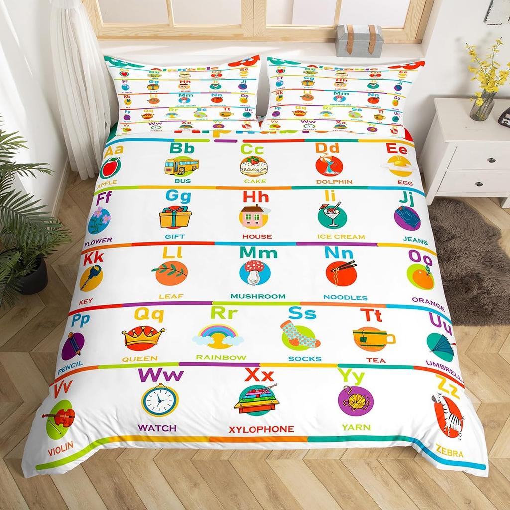 Outer Space Planet Galaxy Duvet Cover Twin King Kids Cartoon Bedding Set ABC Alphabet Learning Comforter Cover with 2 Pillowcase