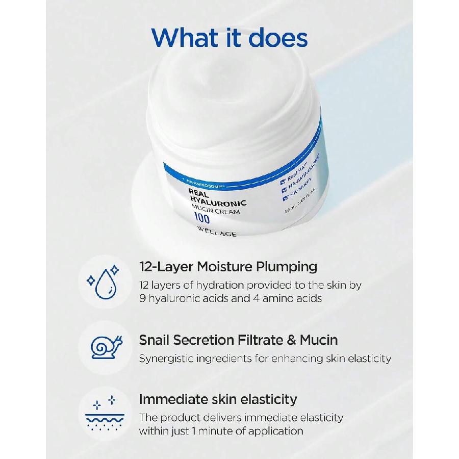 WELLAGE Real Hyaluronic Mucin Cream 50ml - Korean Daily Face Gel Moisturizer - Ultimate Hydration And Elasticity With Pure Hyaluronic Acid