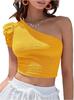 European and American New Summer Shoulder Asymmetrical Collar Fashion Solid Color Ruffle Edge Navel Short Top Women