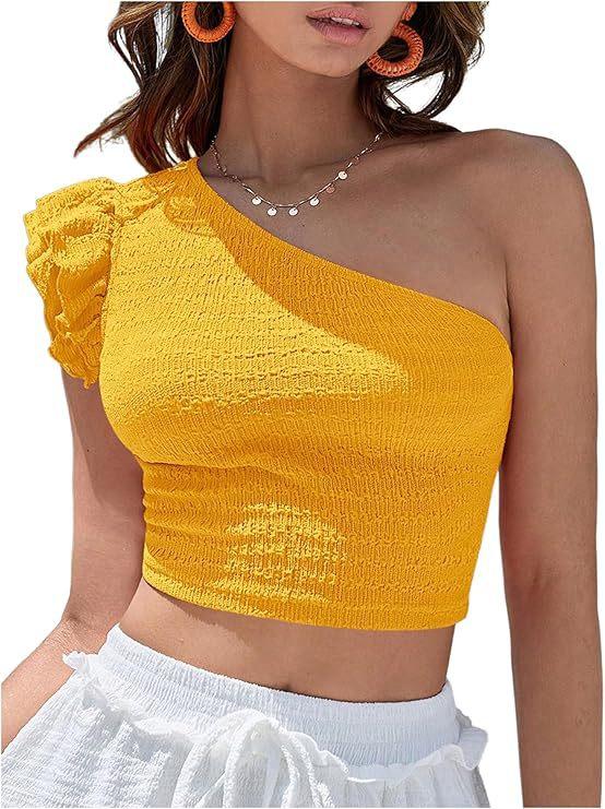 European and American New Summer Shoulder Asymmetrical Collar Fashion Solid Color Ruffle Edge Navel Short Top Women
