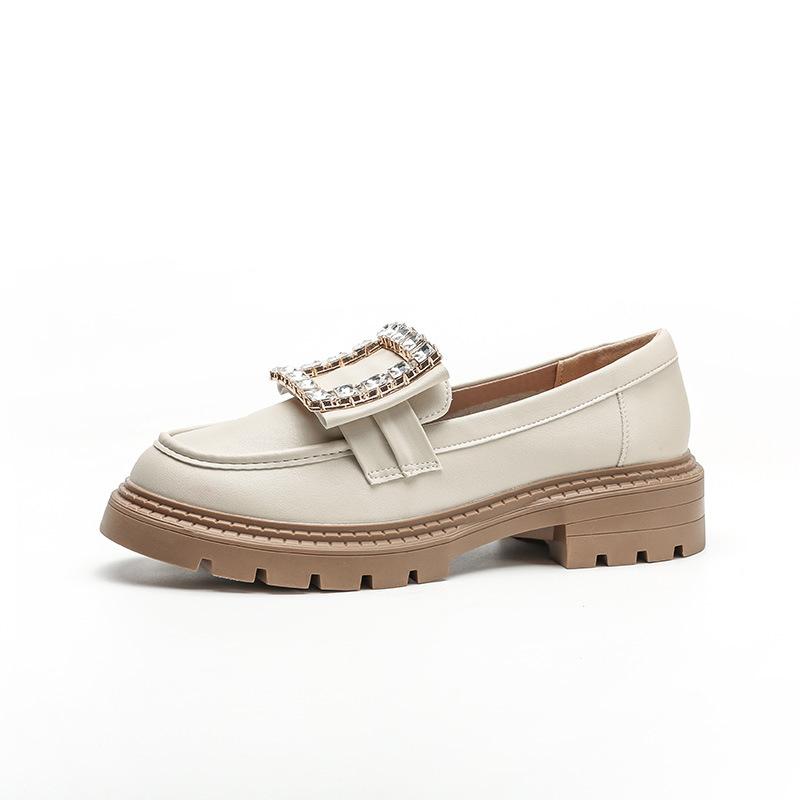 Fashion 2025 Genuine Leather Flats Shoes Woman Sparkling Stone Buckle Oxfords Thicken Soled Rubber Loafers Ladies Lolita Sneakers Mujer
