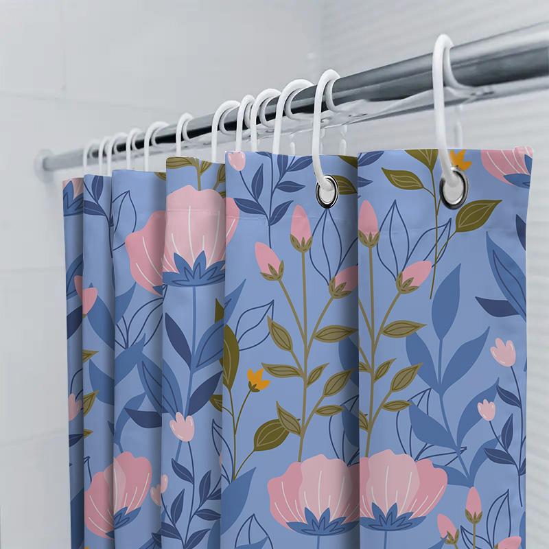 Modern Floral Shower Curtain Soft Pink Blue Leaves Pattern For Bathroom Decor Waterproof Fabric Bath Mat Set (180X180Cm) [Aliexp