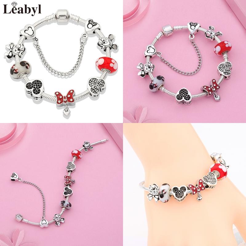 Potdemiel Pink Enamel Crystal Minnie Charm Bracelets Silver Color Heart Cartoon Bead Jewelry for Women Girl Gift