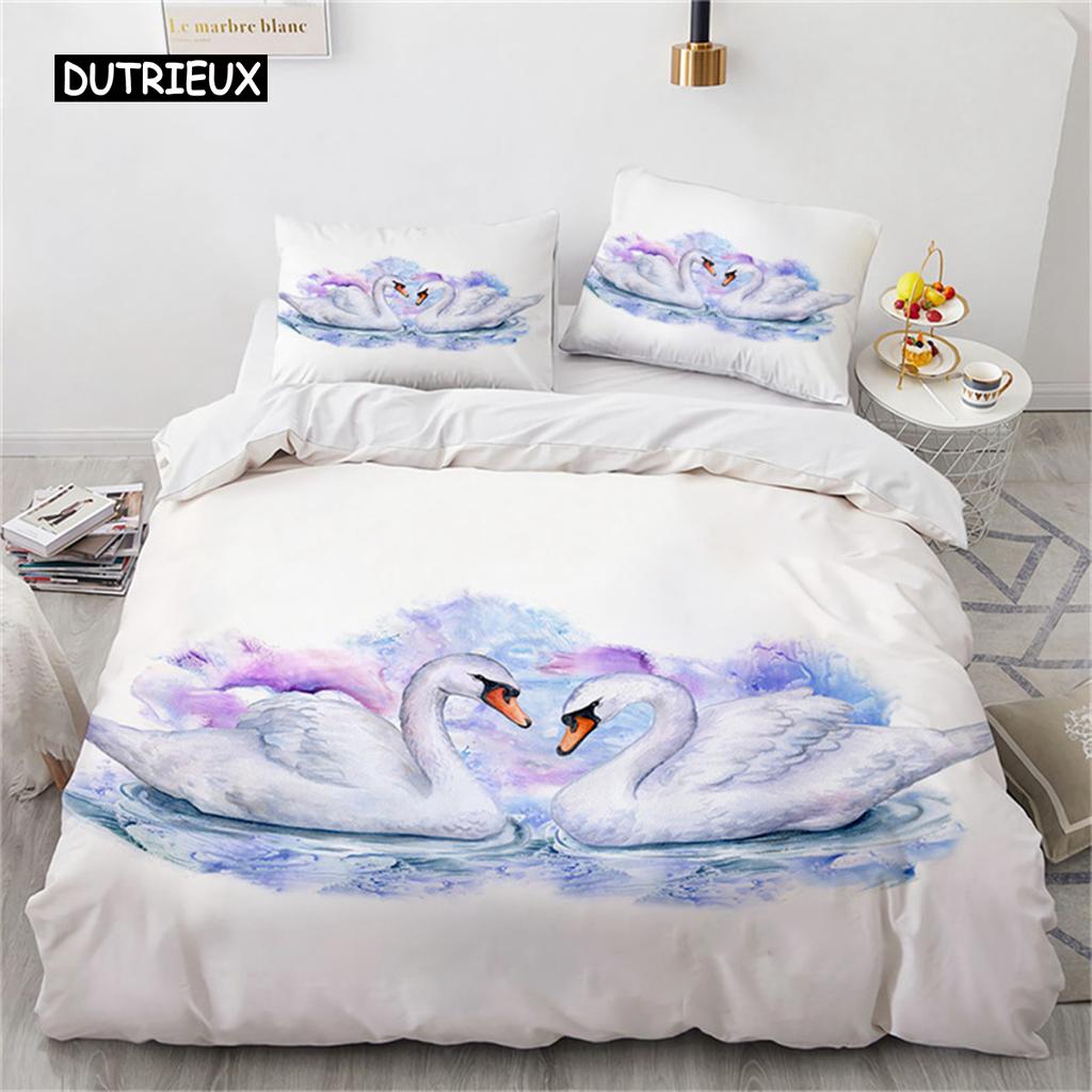 Romantische Schwan Bettbezug Mikrofaser Blume Bettwäsche Set Bettdeckenbezug Extra Groß Einzelbett für Liebhaber Schlafzimmer Romantische Dekoration