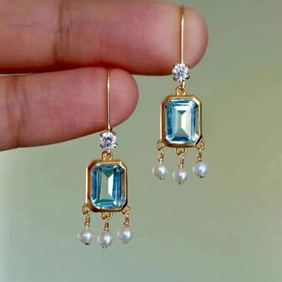 Vintage Golden Geometric Square Aqua Blue Crystal Zircon Dangle Earrings for Women Elegant Daily Jewelry Gifts