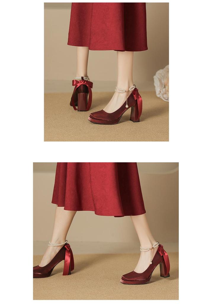 Women's Pearl Suede Mary Janes - Square Toe Chunky High Heels with Bow and Waterproof Platform