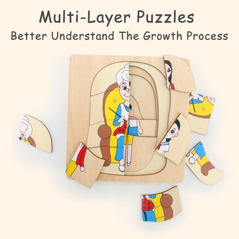 Wooden Kids Animal/ Plant Life Cycle 3D Puzzle Toy Montessori Teaching Aids Multi-Layer Jigsaw Early Learning Toys For Preschool