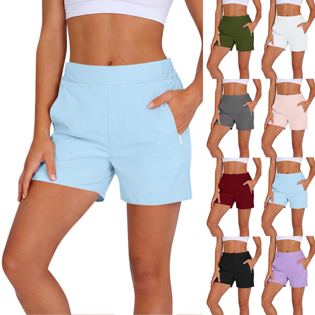 Women's Fashion Solid Color Athletic Casual Elastic Waistband Shorts with Zipper Pockets for Outdoor and Leisure Activities