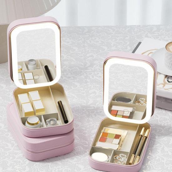 Reisesminkepose med LED-speil USB-oppladbart 3 farger Justerbart opplyst sminkespeil Bærbar reise Mini-speil Kosmetikkveske Smykker