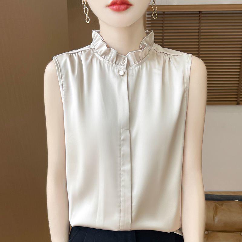 Silky Lotus Leaf Lace Collar Sleeveless Top for Women - Spring/Summer Fashion Layering Essential