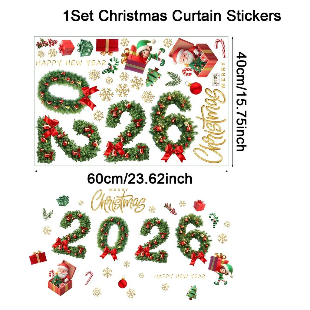 2026 Christmas and New Year Green Pine Needle Bell Window Stickers Festival Glass Doors and Windows Electrostatic Stickers